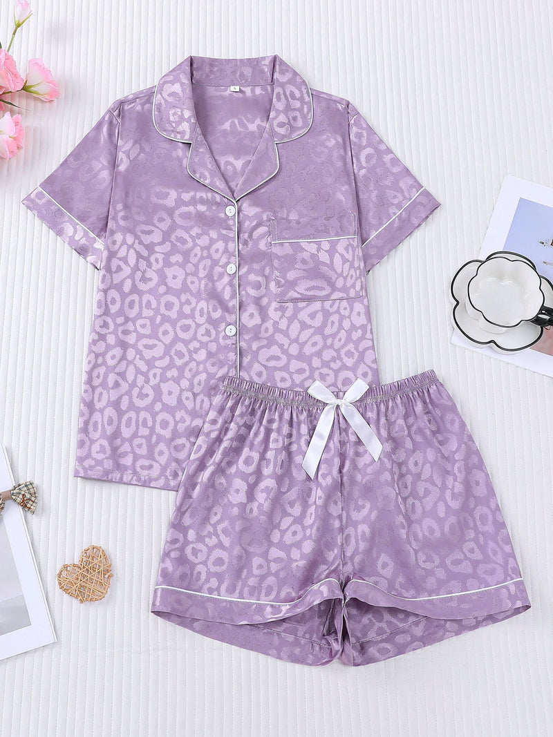 Leopard Print Summer Pajamas with Shorts Lapel Collar Tops Loungewear Sets Woman Nightwear New Ice Silk Short Sleeve Sleepwear