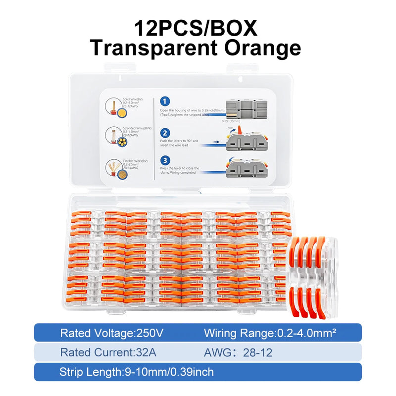 TOMZN 12PCS Lever Wire Connectors 4 In 4 Out Quick Splicing Terminal Blocks 32A 250V for 28-12AWG Solid Stranded Flexible Wires