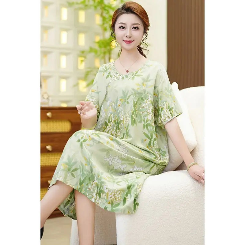 Summer New Middle-aged Elderly Mothers Nightgowns Loose Cotton Silk Dress Short-sleeved Floral Nightdress Loungewear Women