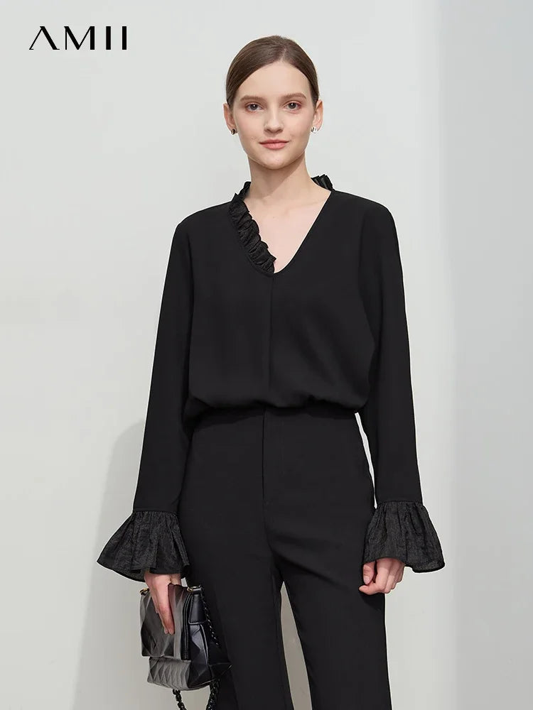 អាវ AMII Minimalist Chiffon សម្រាប់ស្ត្រី រដូវស្លឹកឈើជ្រុះឆ្នាំ ២០២៥ អាវការិយាល័យថ្មី V-neck Ruffle Splicing អាវដៃវែងរលុង 12511078