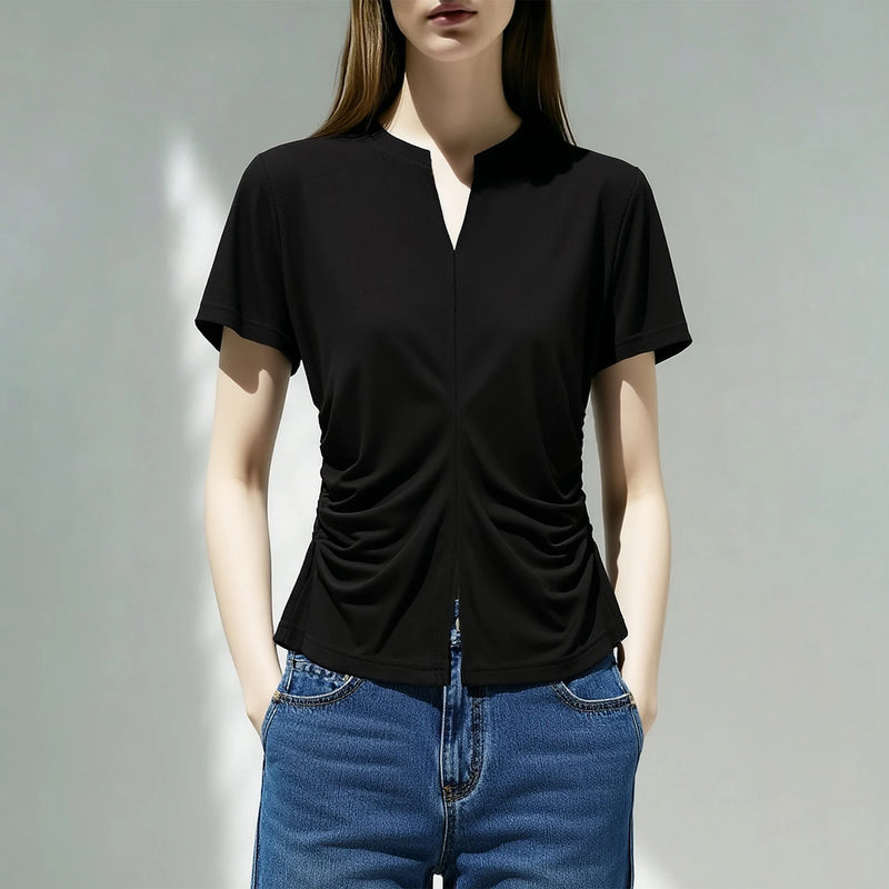 Amii Women's T-Shirt 2026 Summer New V Neck Hem Slit Shirred Knit Top Colid Color Casual Women's Short Sleeve T-shirt 12622129