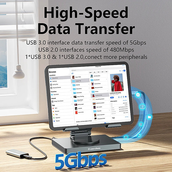 ស្ថានីយ៍ចតឧបករណ៍សាកថ្ម Blueendless USB 3.0 PD 100W ស្ថានីយ៍ចត HDTV 4K RJ45 ជើងទម្រពហុច្រក 7 ក្នុង 1 USB C SD TF ប្រភេទ C ឧបករណ៍ភ្ជាប់មជ្ឈមណ្ឌលចត