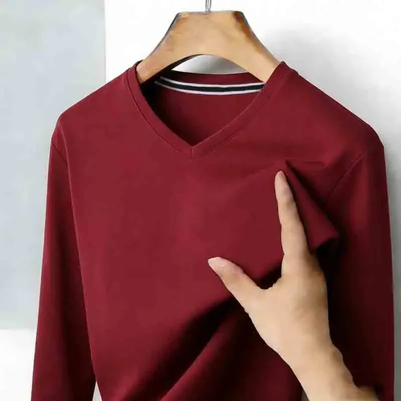 2026 New Men's Brown V-neck Long Sleeve Shirt Casual Business Commute Top for Office