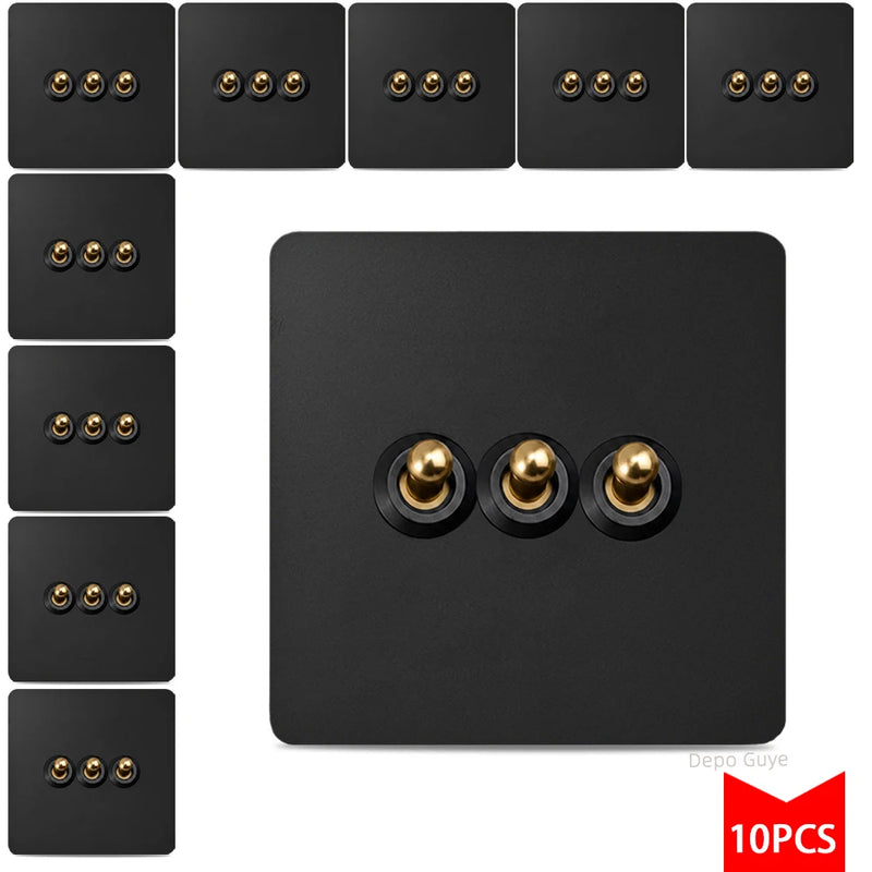 5/10PCS EU Standard Toggle Wall Switch Black Stainless Steel 1-4Gang 2Way Light Brass Lever Switch Panel For Home Improvement