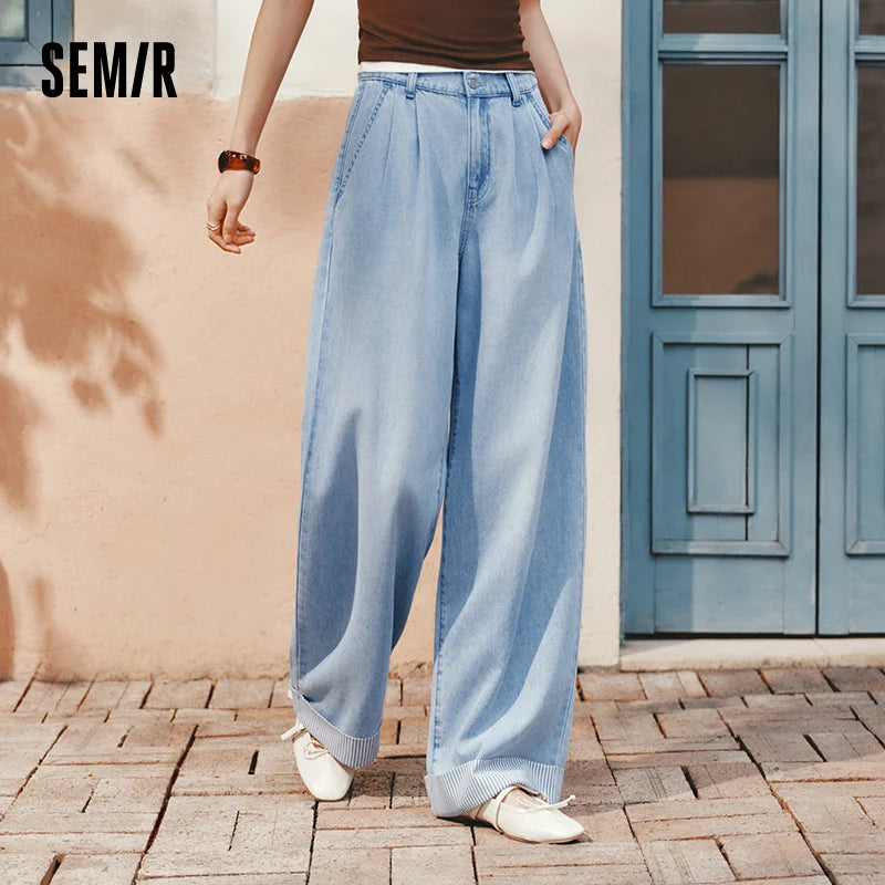 Semir Women Jeans Soft Cool Patchwork Striped Wide Leg Denim Pants 2026 Summer Trendy Loose