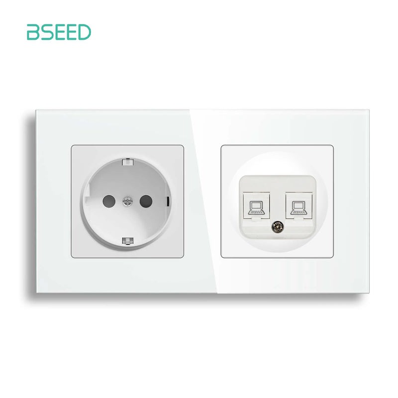 BSEED EU Standrad Wall Power Socket RJ45 Internet Socket Telephone Port Cat6 Socket Glass Panel TV Satellite Electrical Outlets