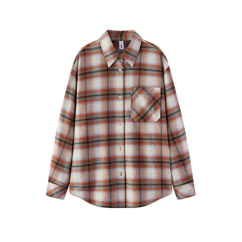 Semir Women Winter Shirt Mid Length Brushed Fabric Cotton Plaid Loose Fit Vintage Style 2026 New Winter Daily Wear