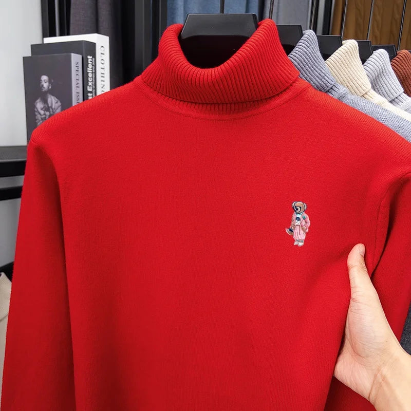 Comfort Man High Neck Long-Sleeved Knitwear Bear Embroidery Pullover Fashionable Daily Wear for Men Autumn Winter Versatile Men'