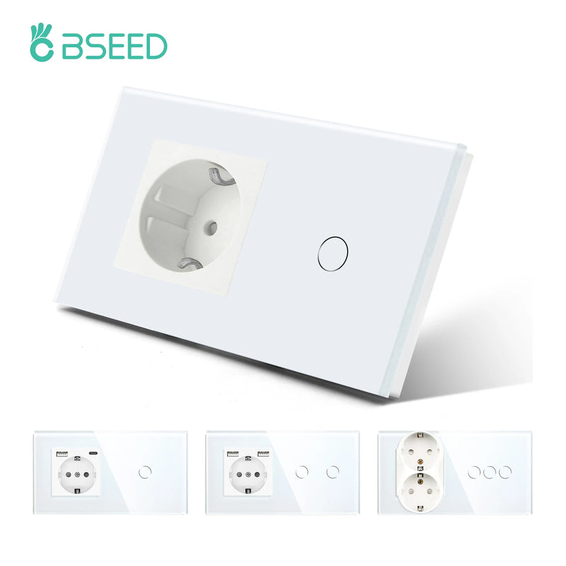 BSEED Wall Electrical Socket With 1/2/3Gang 1Way Touch Light Switch USB Type-c Charge Power Outlet Glass Panel White Wall Switch