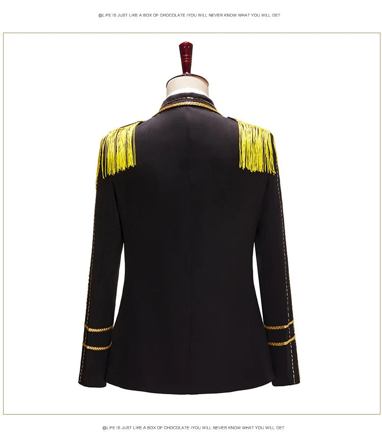 Men's Black Blazer with Fringe Detailing on The Shoulders, Perfect for Stage, Bar, or Singer Gold-buttoned suit Jacket.