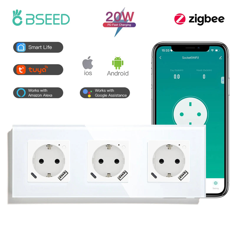 BSEED Zigbee Smart Socket 20W Fast Charge USB Type-C Phone Charge Port Glass Panel Tuya Google Home Alexa Control