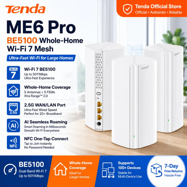 រ៉ោតទ័រ Tenda BE5100 Wi-Fi 7 2.4/5GHz Mesh System 2.5G Network Port Dual-Band WAN LAN Wi-Fi7 Wifi Range Extender Network Repeater