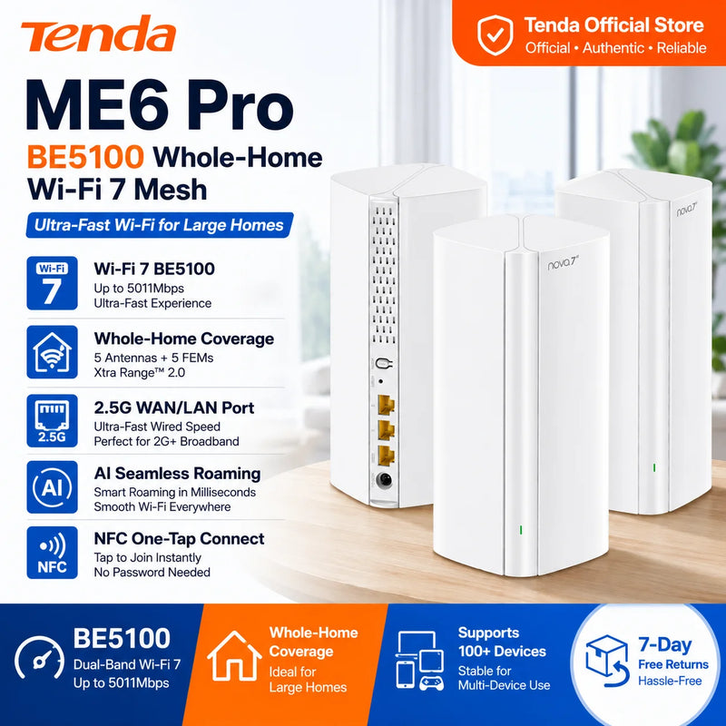 រ៉ោតទ័រ Tenda BE5100 Wi-Fi 7 2.4/5GHz Mesh System 2.5G Network Port Dual-Band WAN LAN Wi-Fi7 Wifi Range Extender Network Repeater