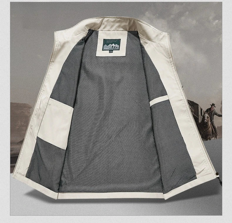 Men's Red Sleeveless Vest Jacket, Perfect for Summer Fishing or Casual Wear, Available in Blue, Black, Green, Beige, and Gray.