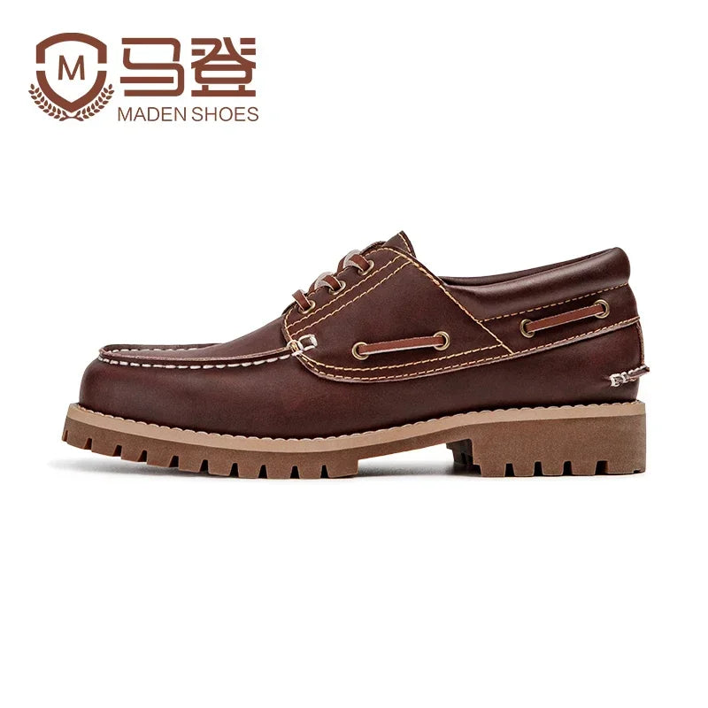 ស្បែកជើង Maden សម្រាប់បុរស ស្បែកគោពិត ស្រទាប់ទីពីរ ស្បែកជើងទូក ចុងមូល ស្បែកជើងកវែងទាប ស្បែកជើងធ្វើការស្ទីលអង់គ្លេស