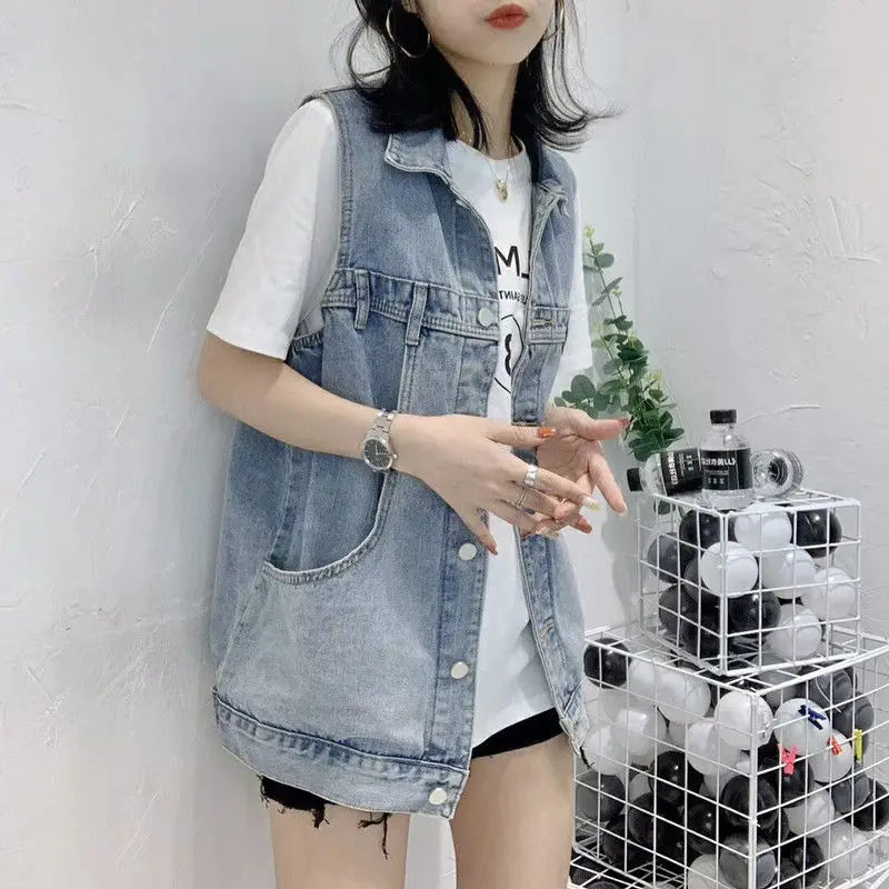 Women‘s Waistcoat Spring and Summer Denim Vest Student Top Korean Version Loose Medium Long Sleeveless Vest Jacket Female