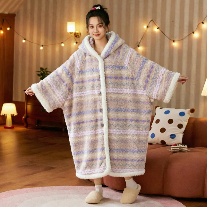 Retro Print Winter Hooded Homewear Thickened Warm Woman Clothing Long Sleeve Robe for Ladies' Bathrobe Sleepwear Dressing Gown