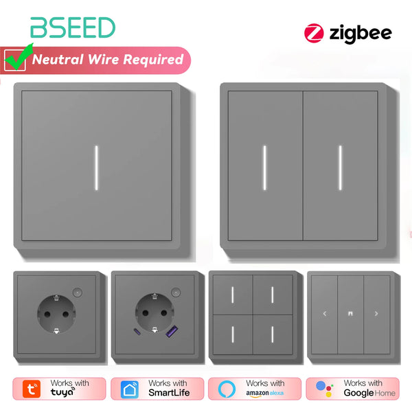 BSEED 1/2/3/4Gang 2Way Zigbee Smart Click Button Switch Smart EU Socket With AC Plastic Frame Work With Tuya Smart Life Alexa