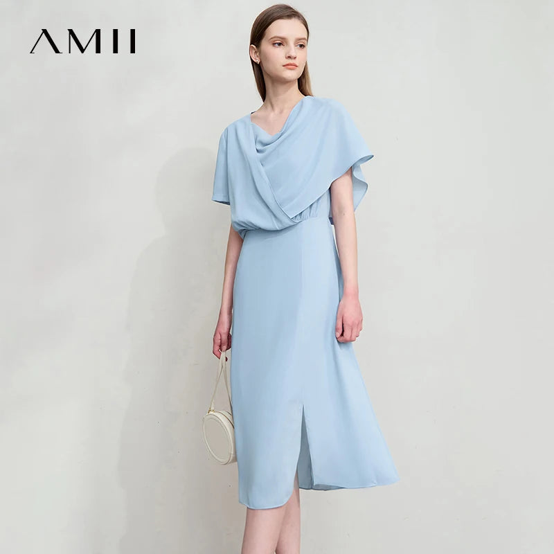 Amii Minimalist Light Luxury Dress 2026 Summer New Office Lady Elegant Ruffle Short Sleeves Swing Neck Midi Dress Robe 12552097