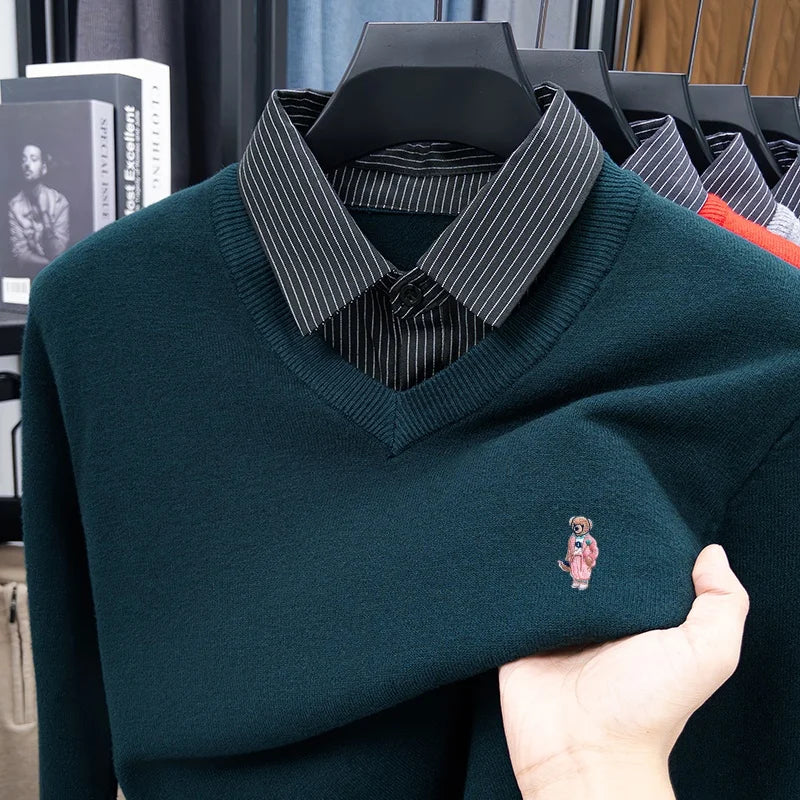 Multi-Color Selection Man False Two-Piece Long-Sleeved Knitwear Bear Embroidery Autumn Winter New Pullover Casual Men's Clothing