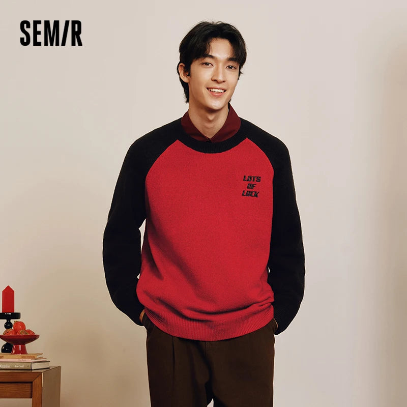 Semir Cozy Sweater Men 2026 Spring Fleece Embroidered Color Block Loose Knit Top New Year Red Casual Comfortable Wear