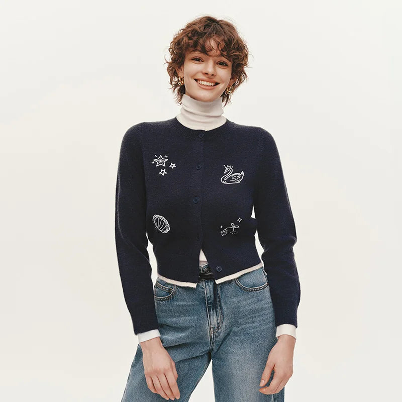 Semir Embroidered Knit Cardigan Layered Style Women 2025 Winter Short Design Unique Look Fashion Warm Top Casual Sweater