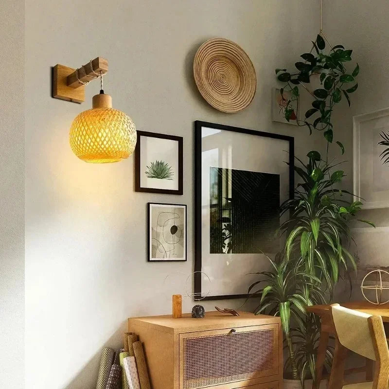 Plug-in Retro Wabi-sabi Bamboo Woven Bedside Wall Lamp Dining Room Rattan Lamp Bedroom Balcony Rural Indoor Background Wall