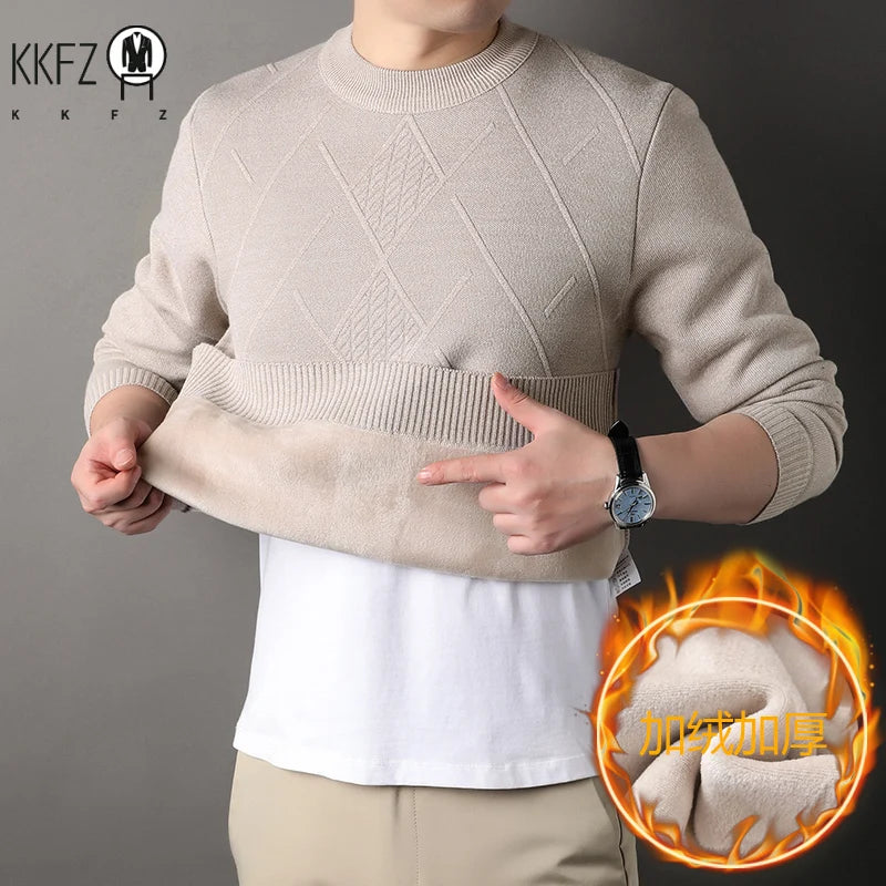 Stretch Crew Neck Male Knitted Pullover Embossed Diamond Pattern Fleece Lined Cold Proof Casual Long Sleeve Top