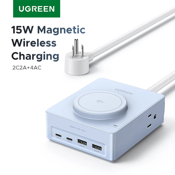UGREEN Qi2 Certified 15W Magnetic Wireless Charger US Plug Power Strip With 2A2C&4AC Magsafe iPhone 17/16 Pro Max MacBook Pro