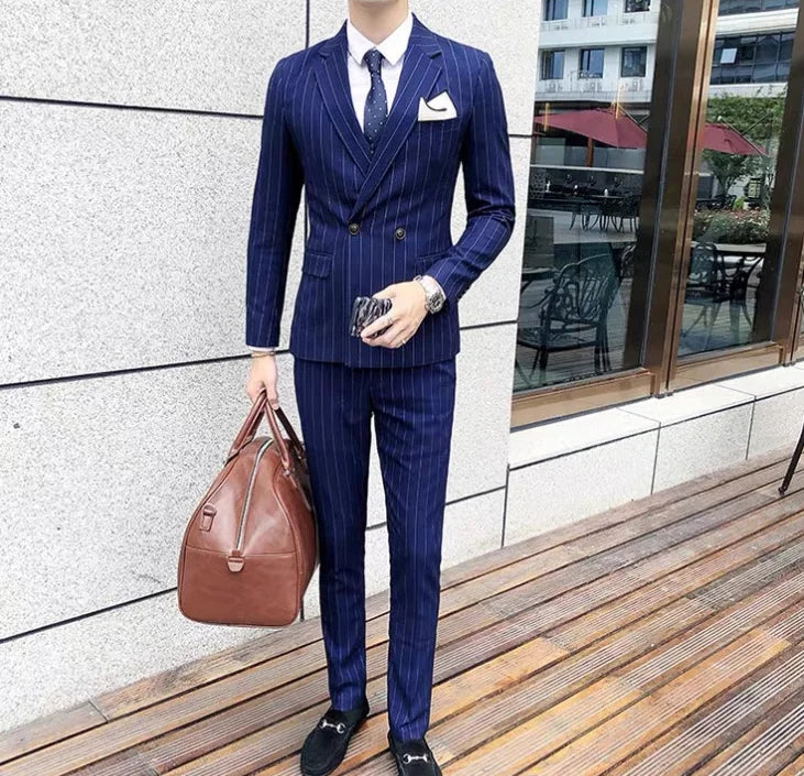 2026 Men Black Classic Striped/Checked Suits, Men's Business Office 3-Piece, Asian Size Slim Fit Sets, Blue/Gray Available