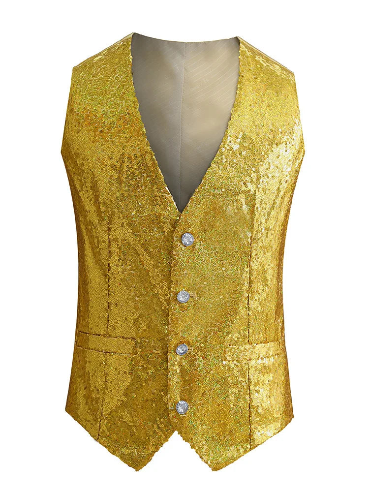 2026 New Men's Red Shiny Sequins Single Breasted Sleeveless Vest, V-Neck Waistcoat Gold Black White Blue Purple Available M-XXXL