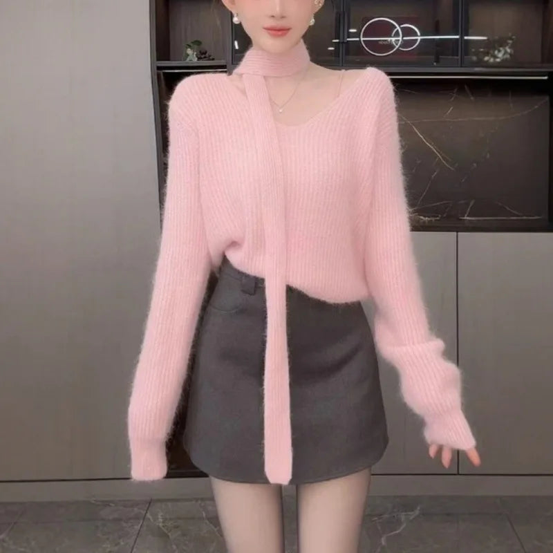 Gentle Soft V-neck Streamer Sweater Women's Autumn Winter Loose Lazy Feel Bottom Knitted Top Spring Pullover Jumper Female