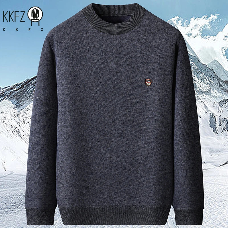 Thick Thermal Mock Neck Men Pullover Simple Solid Knit Material Chest Badge Skin Friendly Fleece Interior Outing Top