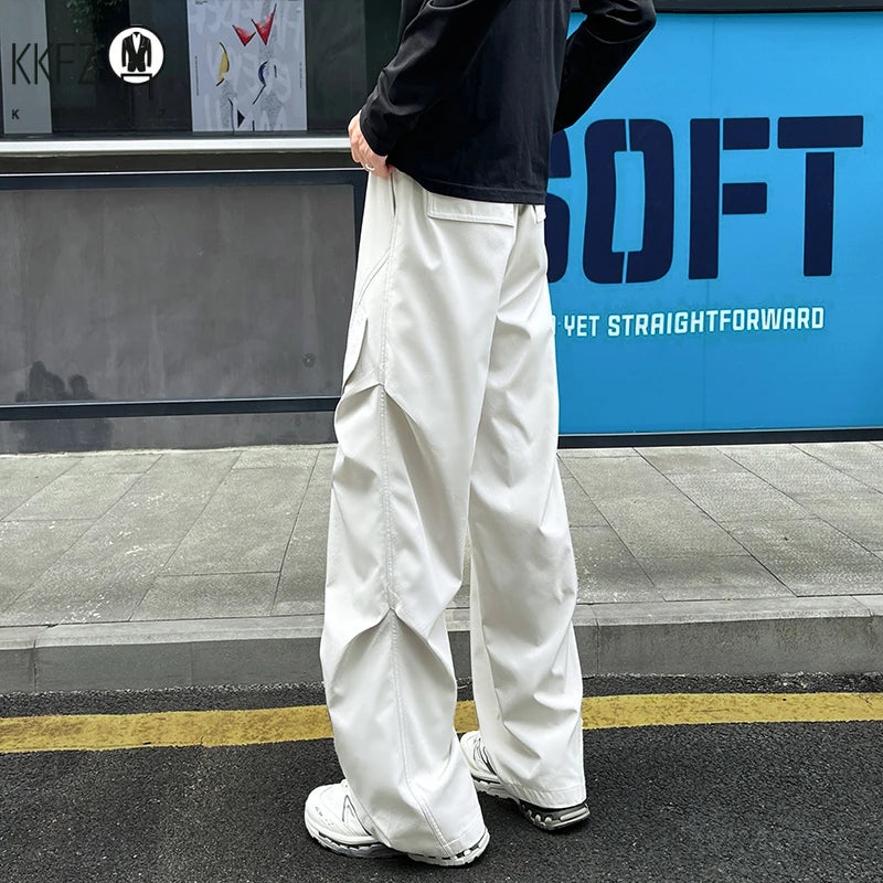 Men Baggy Wide Leg Cargo Pants Elastic Drawstring Waist Pleated Side Pockets For Street Fashion Daily Casual Commute Wear