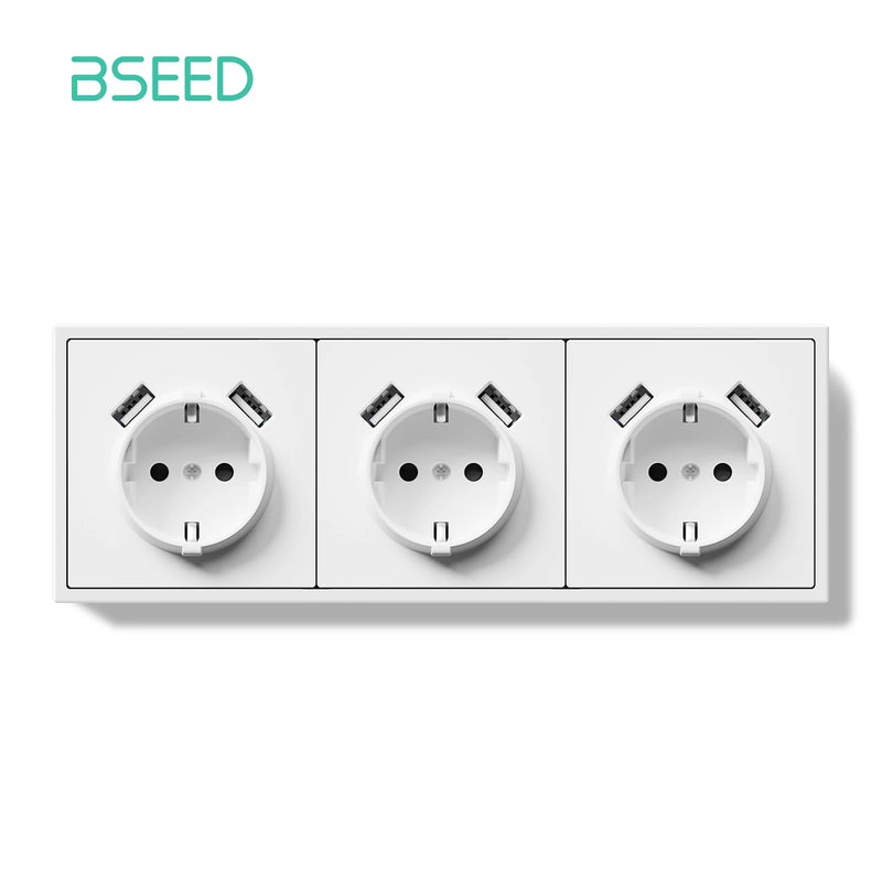 BSEED EU Standard Single Wall Socket Double USB Charge Port Wall Power Outlets Electric Plugs White Black Plastic Frame 16A