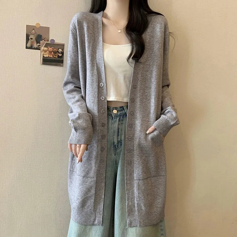 Spring Autumn Middle-long Knitwear Top New Cardigan Women's Sweater Jacket Casual Knitting Woolen Coat Woman Clothing Pocket