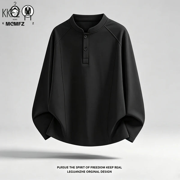 Mens Casual Loose Long Sleeve Henley Top Mandarin Stand Collar Raglan Seam Breathable Fabric Daily Wear
