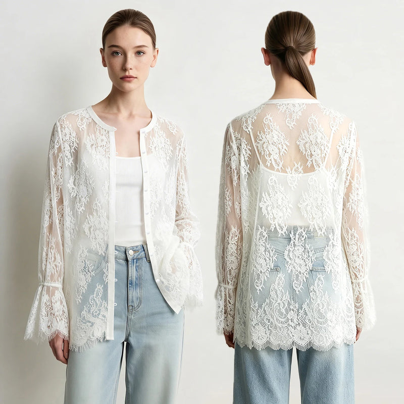 Amii Lace Women's Blouse 2026 Autumn Crew Neck Sheer Long Sleeve Tops For Woman Lightweight Breathable Vacation Shirt 12643002