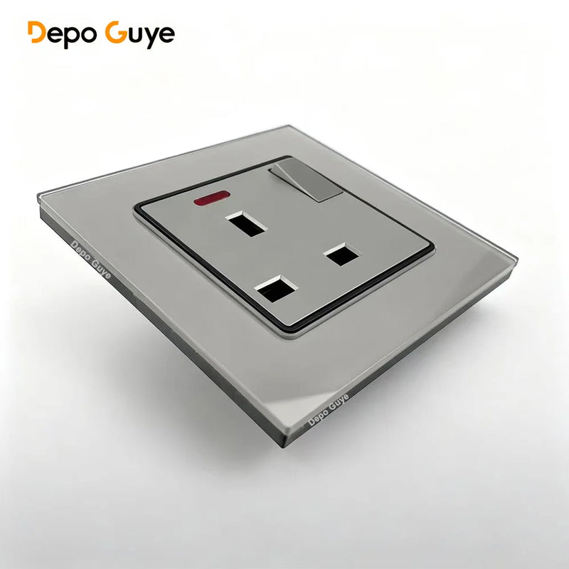 Grey UK 13A Tempered Glass USB Type C 18W Quick Charge Socket,Dual Universal Power Outlet,Home Light Electric Switch Panel