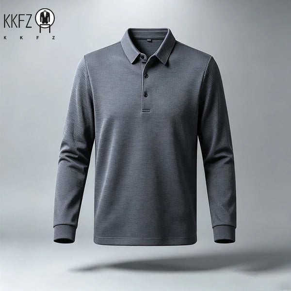 Men Long Sleeve Lapel Polo Shirt Lightweight Textured Knit Button Top Suitable For Business Meeting Daily Wear