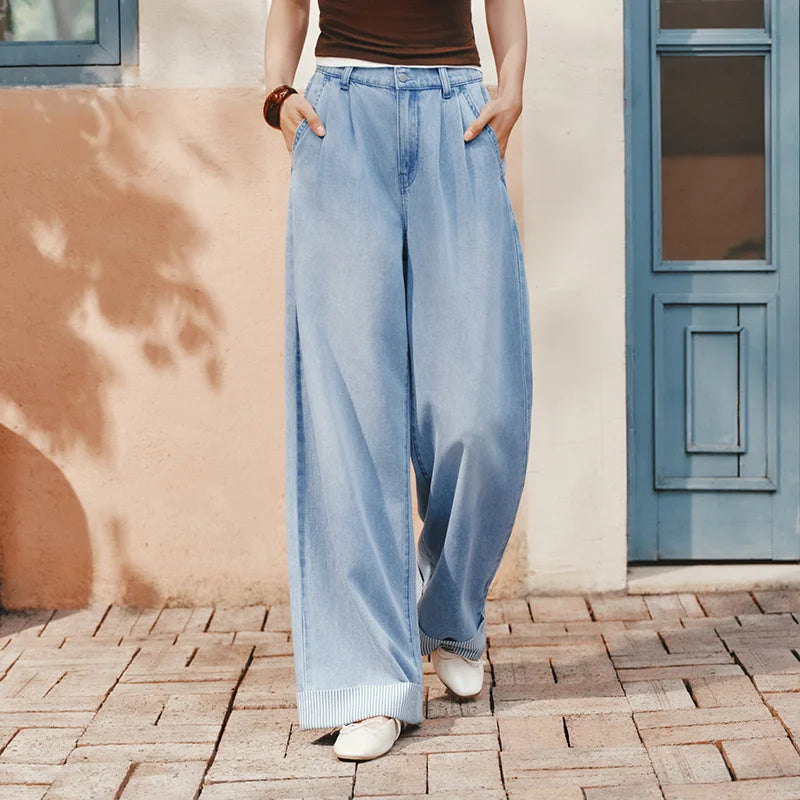 Semir Women Jeans Soft Cool Patchwork Striped Wide Leg Denim Pants 2026 Summer Trendy Loose