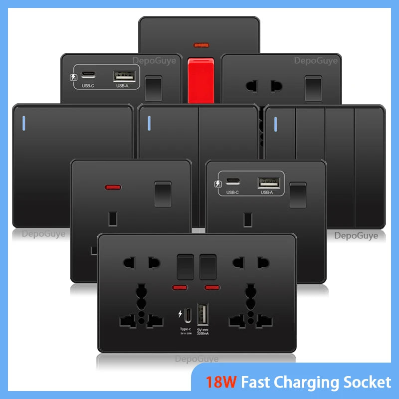 Universal Black USB Type-C 18W Smart Fast Charging Socket Double 5-pin Power Plug,UK  Electrical Internationa Wall Light Switch