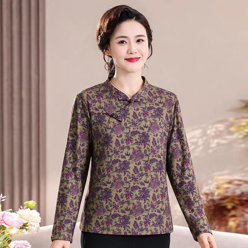 អាវយឺតដៃវែងស្ទីលអាស៊ីសម្រាប់ស្ត្រីរដូវស្លឹកឈើជ្រុះថ្មី អាវកអាវ cheongsam ផ្កាធម្មតា