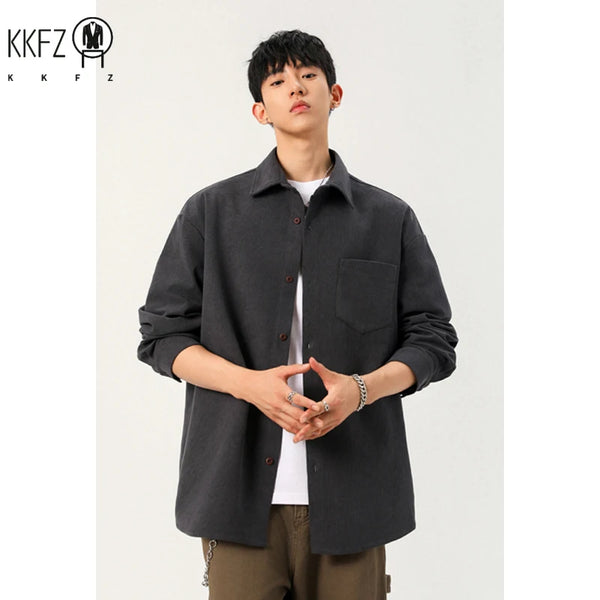 Male Trendy Corduroy Shirt Full Button Lapel Collar Chest Pocket For Short Trip Social Gathering And Street Wear