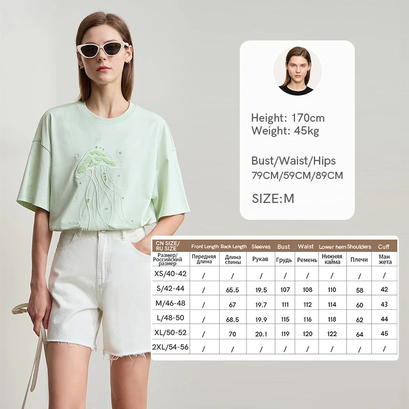 Amii Minimalist Casual Light Luxury T-shirt Women 2026 Summer New Loose O-neck Marine Embroidery Beaded Cool Tees Tops 12542148