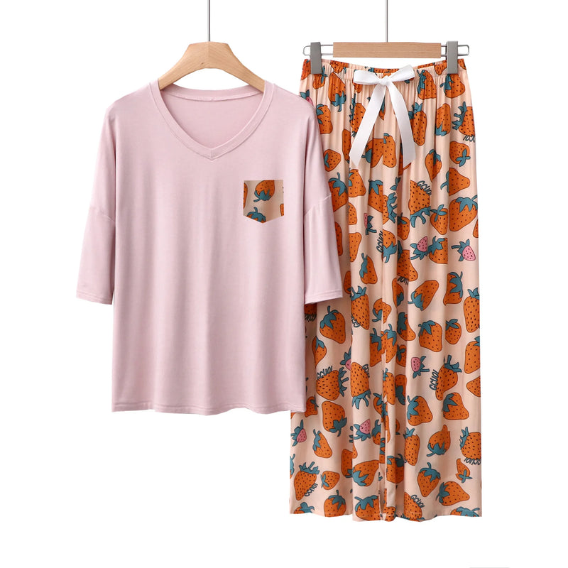Modal Comfortable Women's Sleepwear Loose Short Sleeve Trousers Sets Printed Home Suit For Women Loungewear Pajamas Clothes