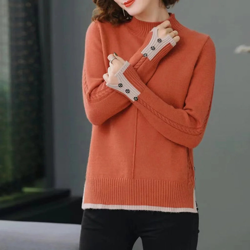 New Korean Women Base Sweater Loose Contrast Color Ladies Half High Neck Split Autumn Winter Pullover Sweaters Pull Tops Femme