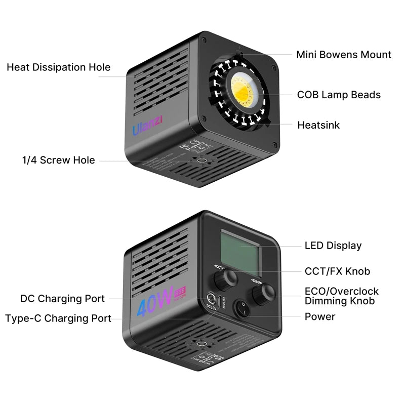 ភ្លើងវីដេអូ Ulanzi L024 40W RGB ពណ៌ពេញ COB ភ្លើងវីដេអូ Mini Bowens Mount COB 2500-6500K 3400mAh LED ភ្លើងវីដេអូសម្រាប់ការថតរូប
