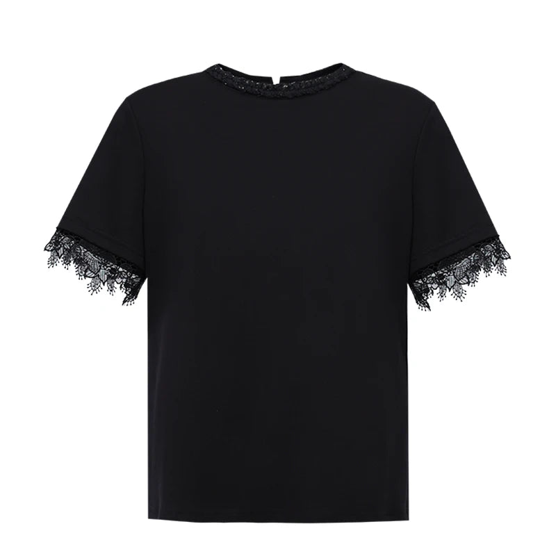 Amii Women's T-Shirt 2026 Summer New Round Neck Lace Patchwork Women's Tee Shirt Solid Color Elegant Short Sleeve Top 12642068