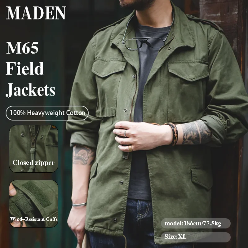 អាវធំយោធា Maden M65 សម្រាប់បុរស អាវពណ៌បៃតងចាស់ អាវធំកងទ័ពធម្មតា អាវខ្យល់ កអាវរឹង មានហោប៉ៅ អាវធំ